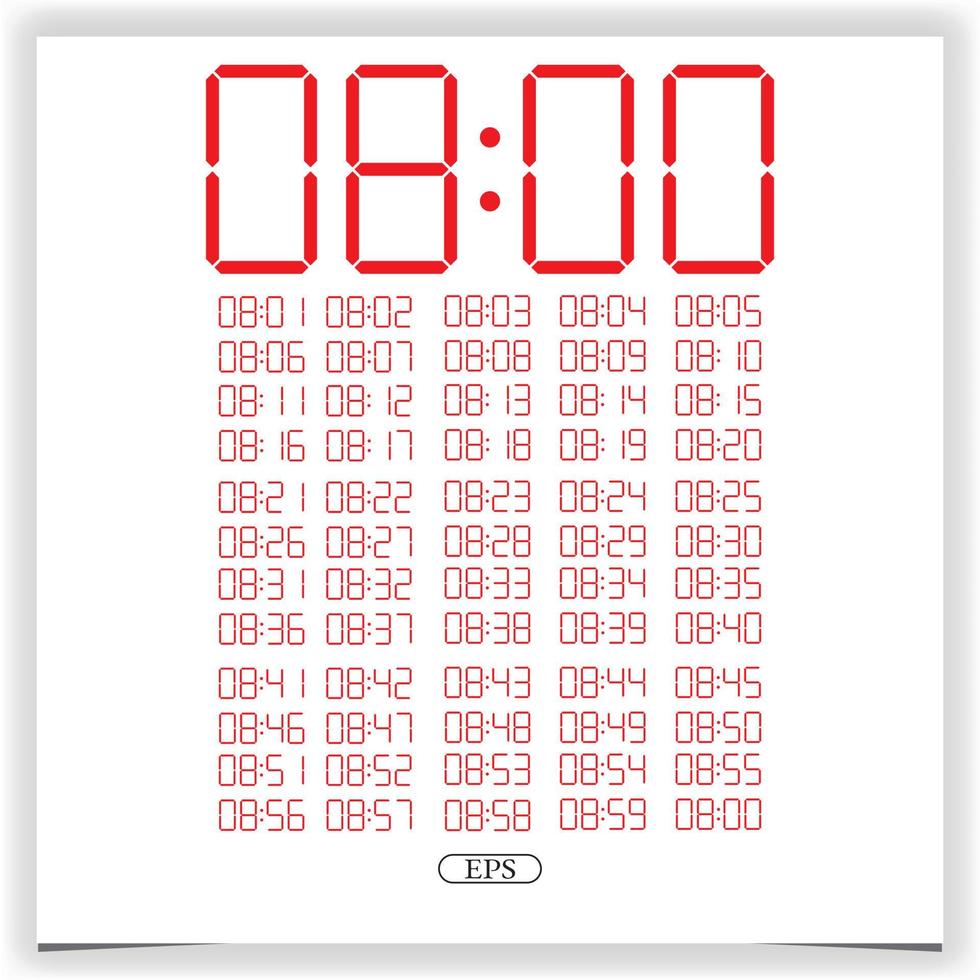 Digitaluhr-Nahaufnahme, die 8 Uhr anzeigt. rote Digitaluhr Nummer Set elektronische Zahlen Premium-Vektor vektor