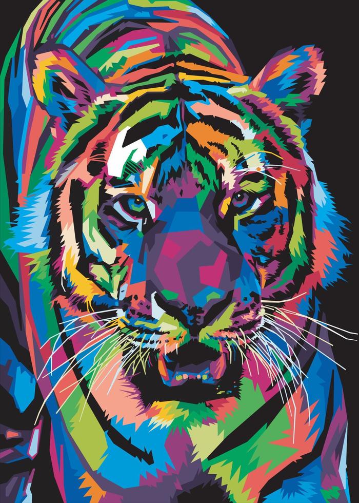 bunter Tigerkopf im Pop-Art-Stil isoliert mit schwarzem Hintergrund vektor