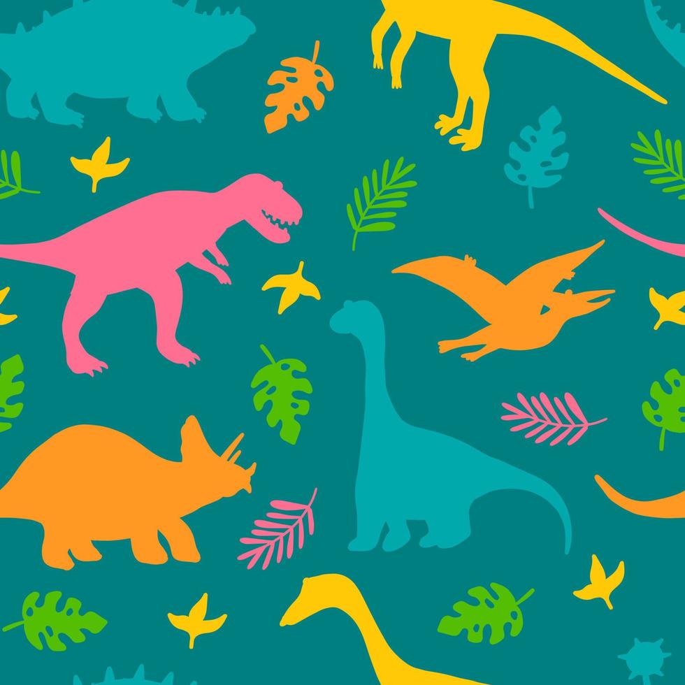 Silhouetten von Dinosauriern und tropischen Pflanzen, bunter Kinderdruck für Stoff, Postkarten. Vektor nahtlose Muster