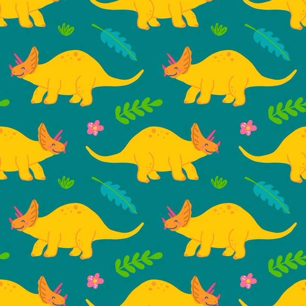 süßer Triceratops-Dinosaurier, Vektornahtloses Muster auf grünem Hintergrund, Kinderdruck für Kleidung, Postkarten vektor