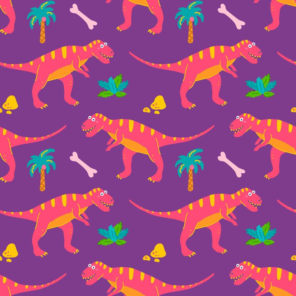 söt tyrannosaurus dinosaurie med tropiska växter och palmer, vektor sömlöst mönster på lila bakgrund, barntryck för kläder, vykort