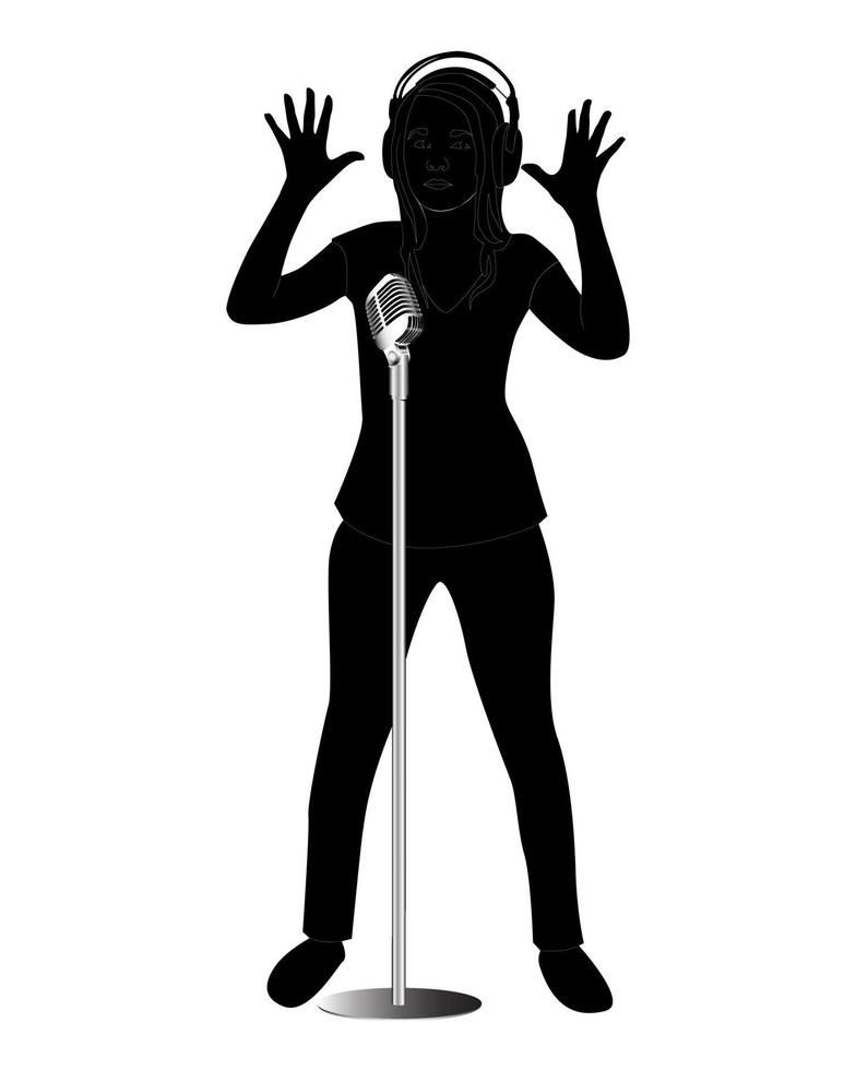 svart siluett av en tjej med hörlurar och en mikrofon vektor