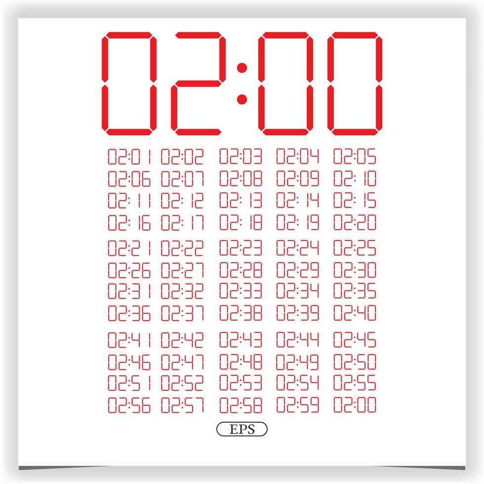 Digitaluhr-Nahaufnahme, die 2 Uhr anzeigt. rote Digitaluhr Nummer Set elektronische Zahlen Premium-Vektor vektor