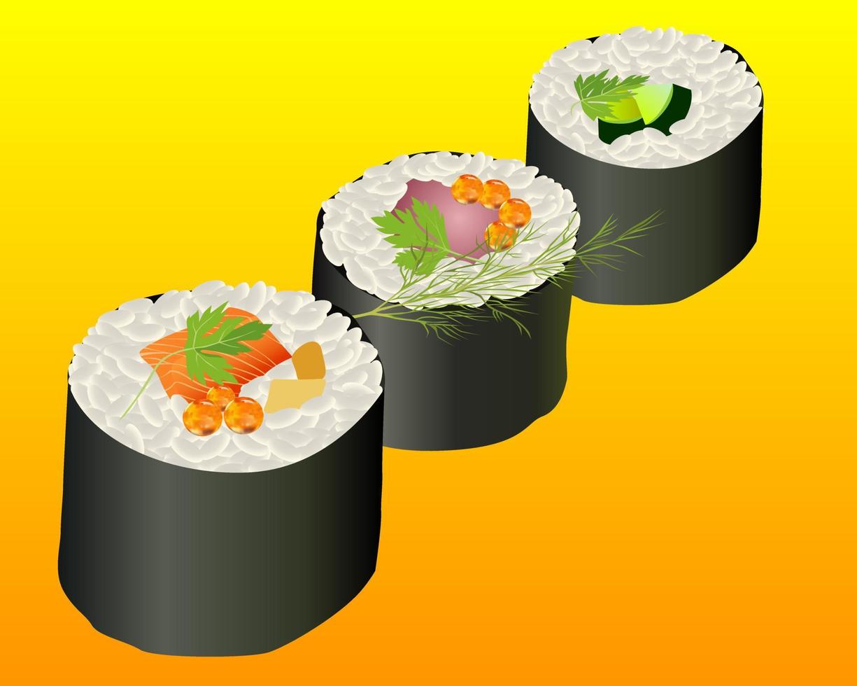 tre sushi rullar på vit bakgrund vektor