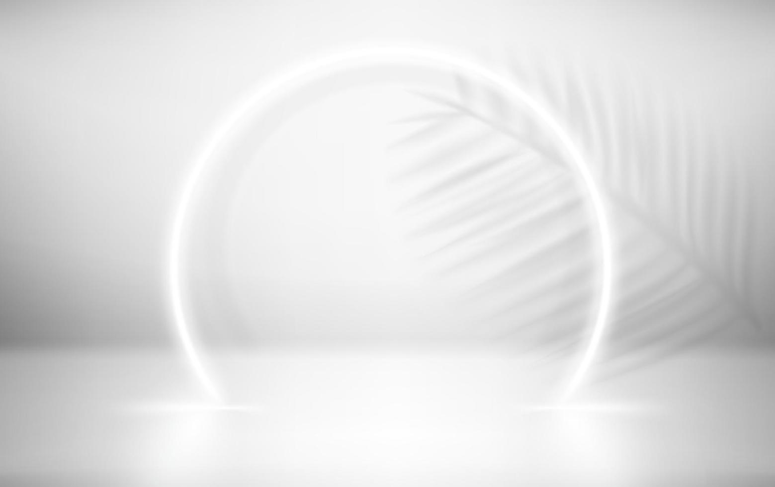 vit neon glödande cirkel och skuggan av en växt i vit interiör. 3D vektorillustration vektor