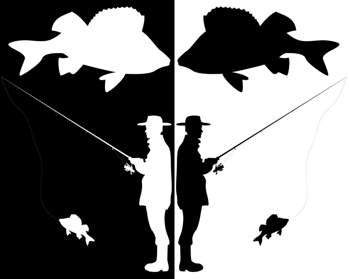 Fischersilhouette auf weißem und schwarzem Hintergrund vektor