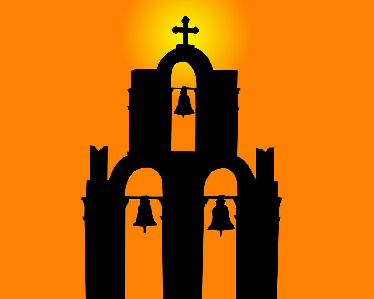 Silhouette eines Glockenturms gegen den orangefarbenen Himmel vektor