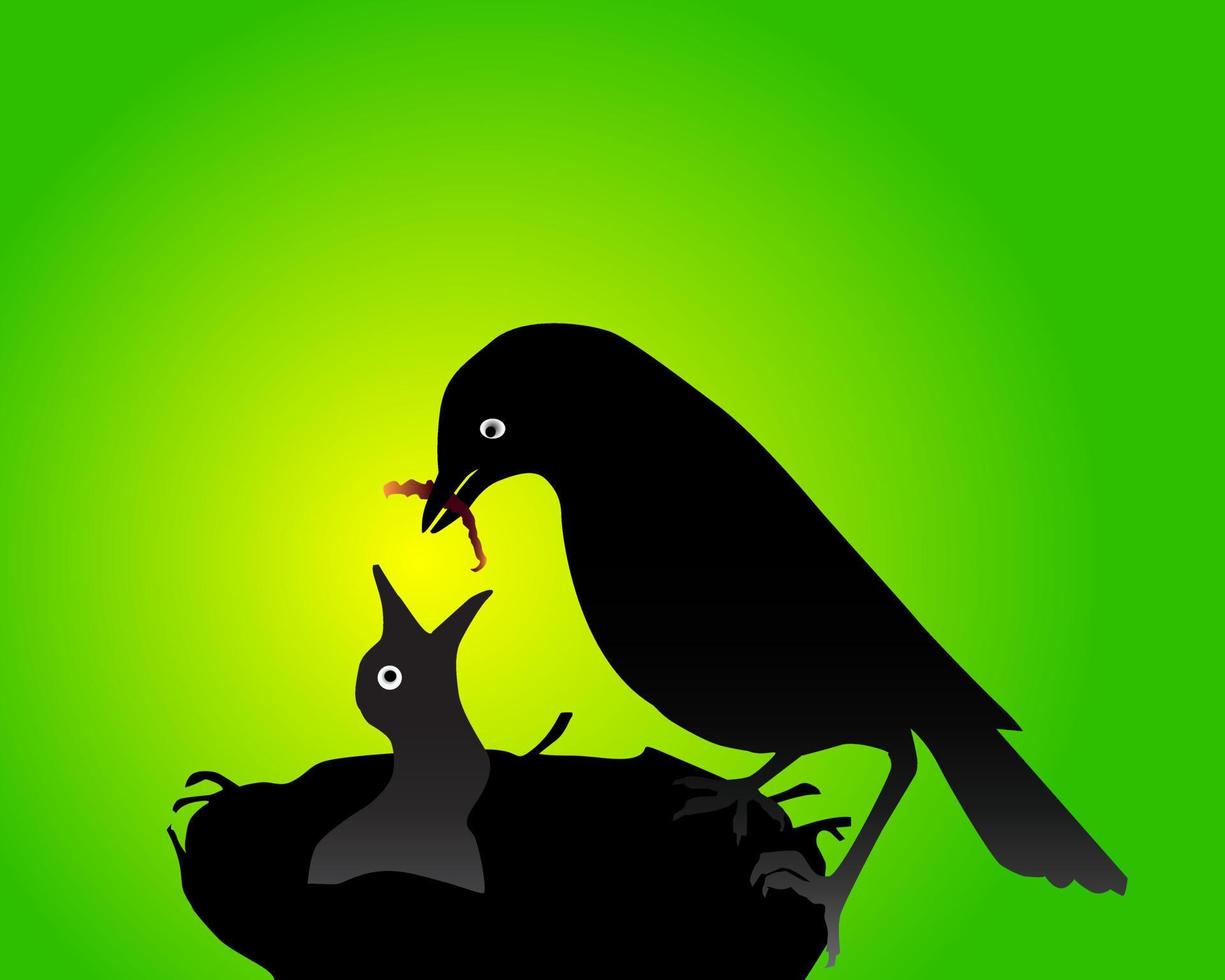 Vogel füttert ein Vogelbaby, das auf einem grünen und gelben Hintergrund nistet vektor
