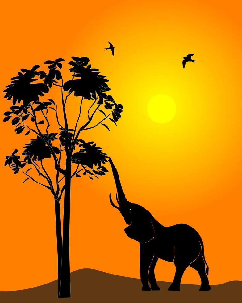 schwarze Silhouette eines Elefanten auf einem orangefarbenen Hintergrund vektor