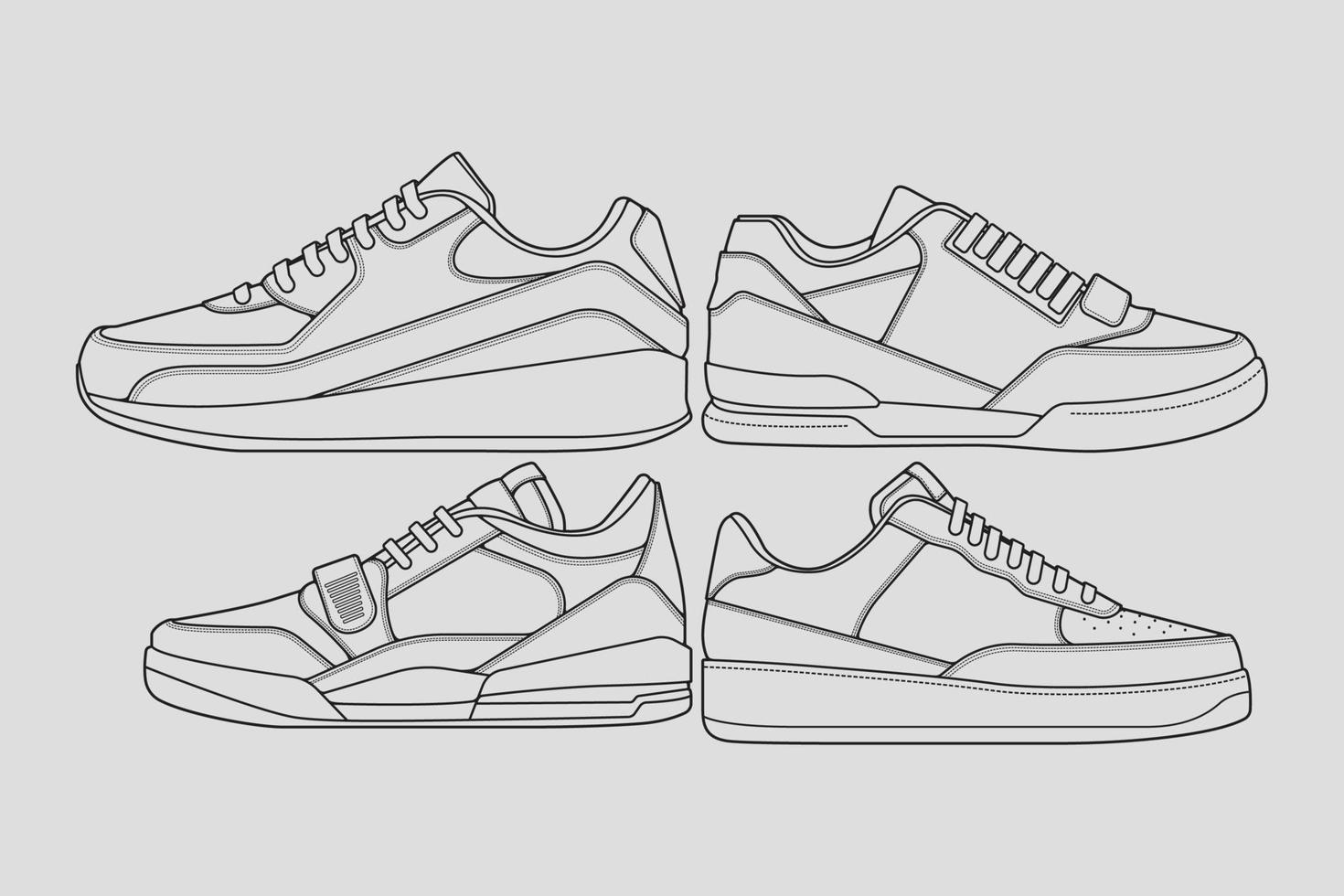 set med kontur coola sneakers. skor sneaker kontur ritning vektor, sneakers ritade i en skiss stil, sneaker utbildare mall kontur, uppsättning samling. vektor illustration.