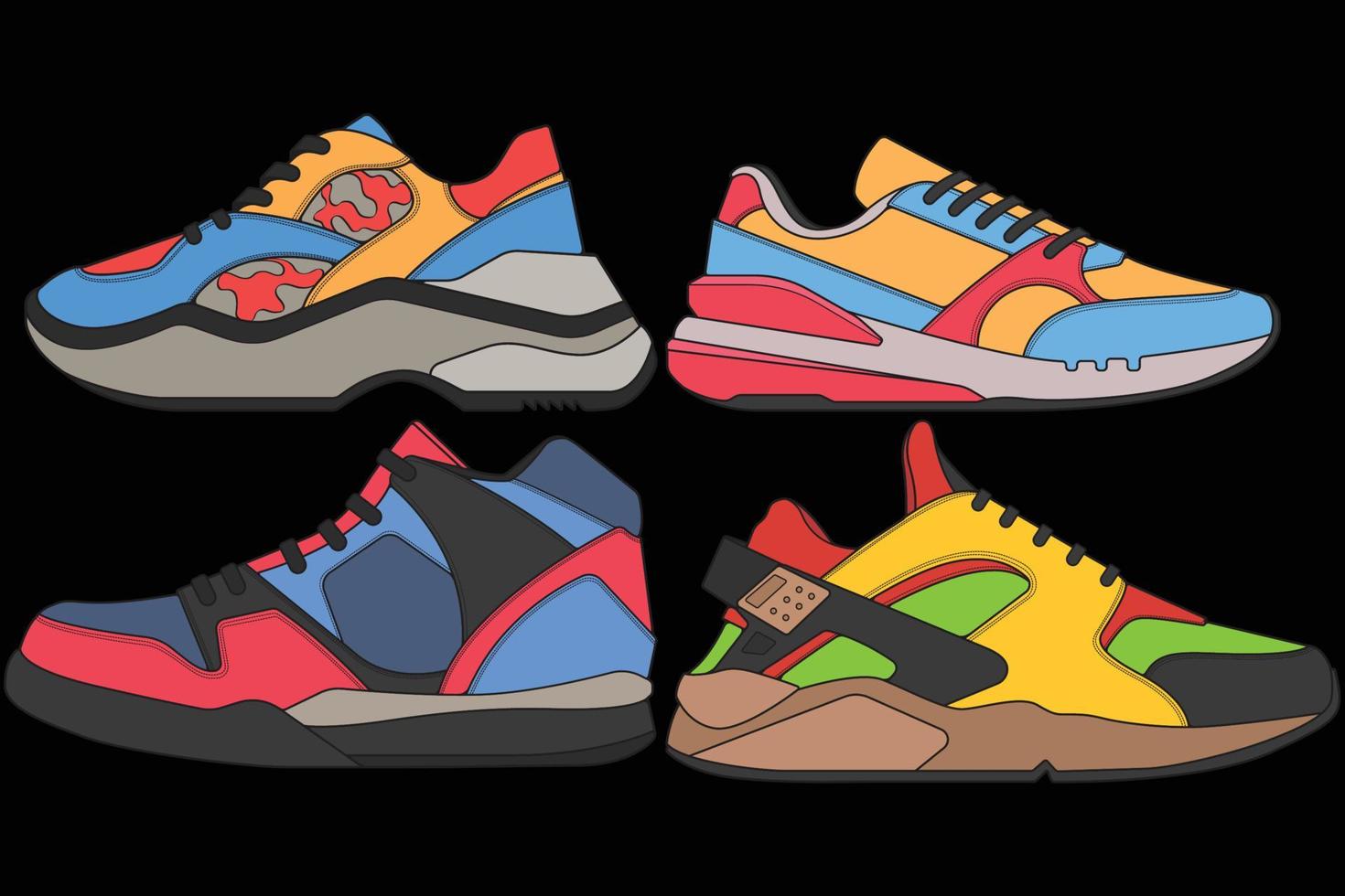 Satz coole Turnschuhe. Schuhe Sneaker Zeichnungsvektor, Turnschuhe in einem Skizzenstil gezeichnet, Sneaker-Trainer-Vorlage, Set-Kollektion. Vektor-Illustration. vektor