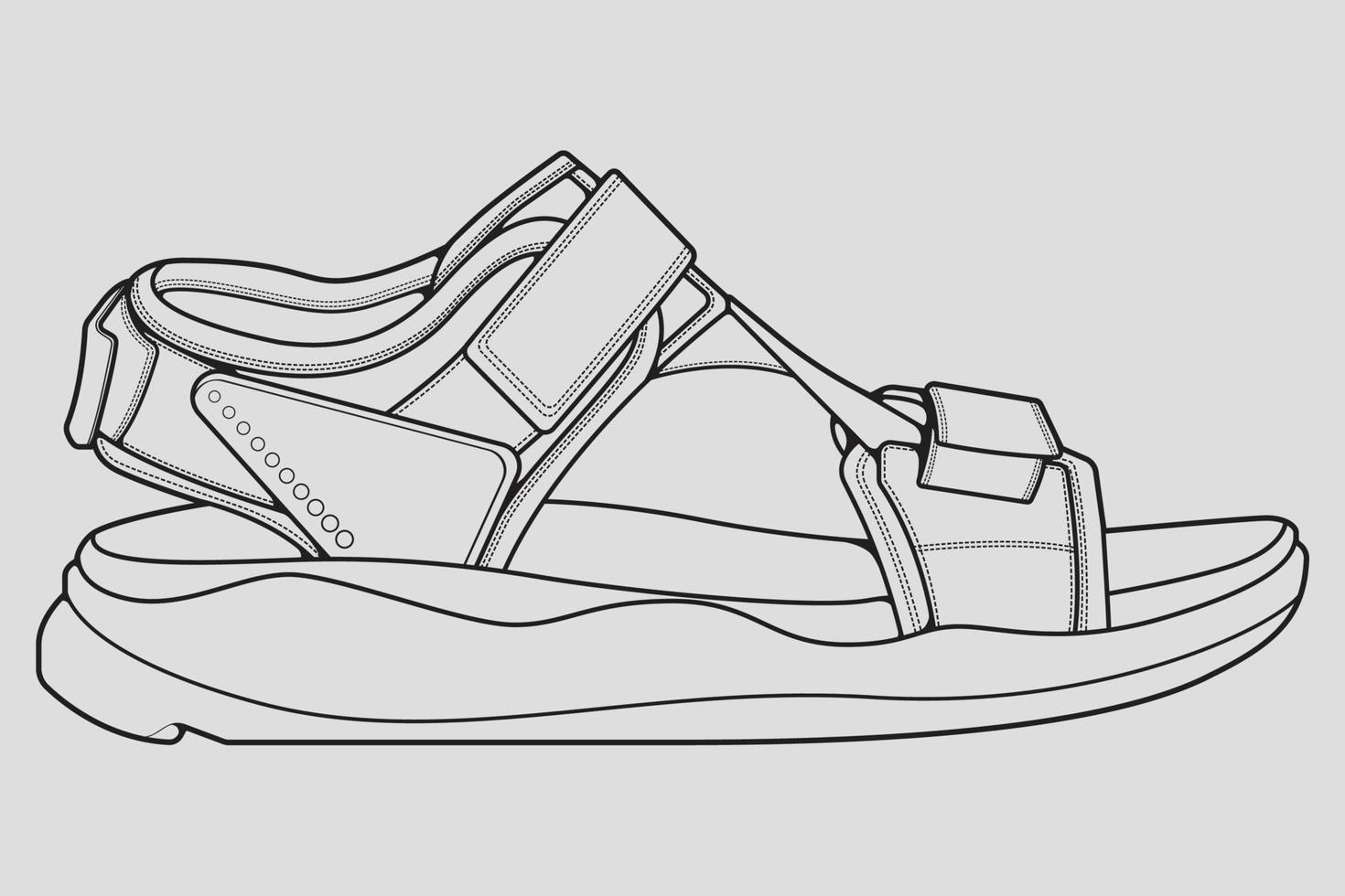 Umrisszeichnungsvektor für Riemensandalen, Riemensandalen im Skizzenstil, Umriss der Turnschuhvorlage, Vektorillustration. vektor