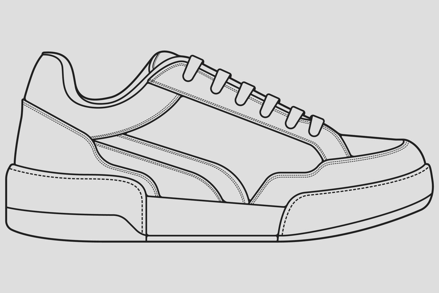 skor sneaker kontur ritning vektor, sneakers ritade i en skiss stil, svart linje sneaker utbildare mall kontur, vektor illustration.