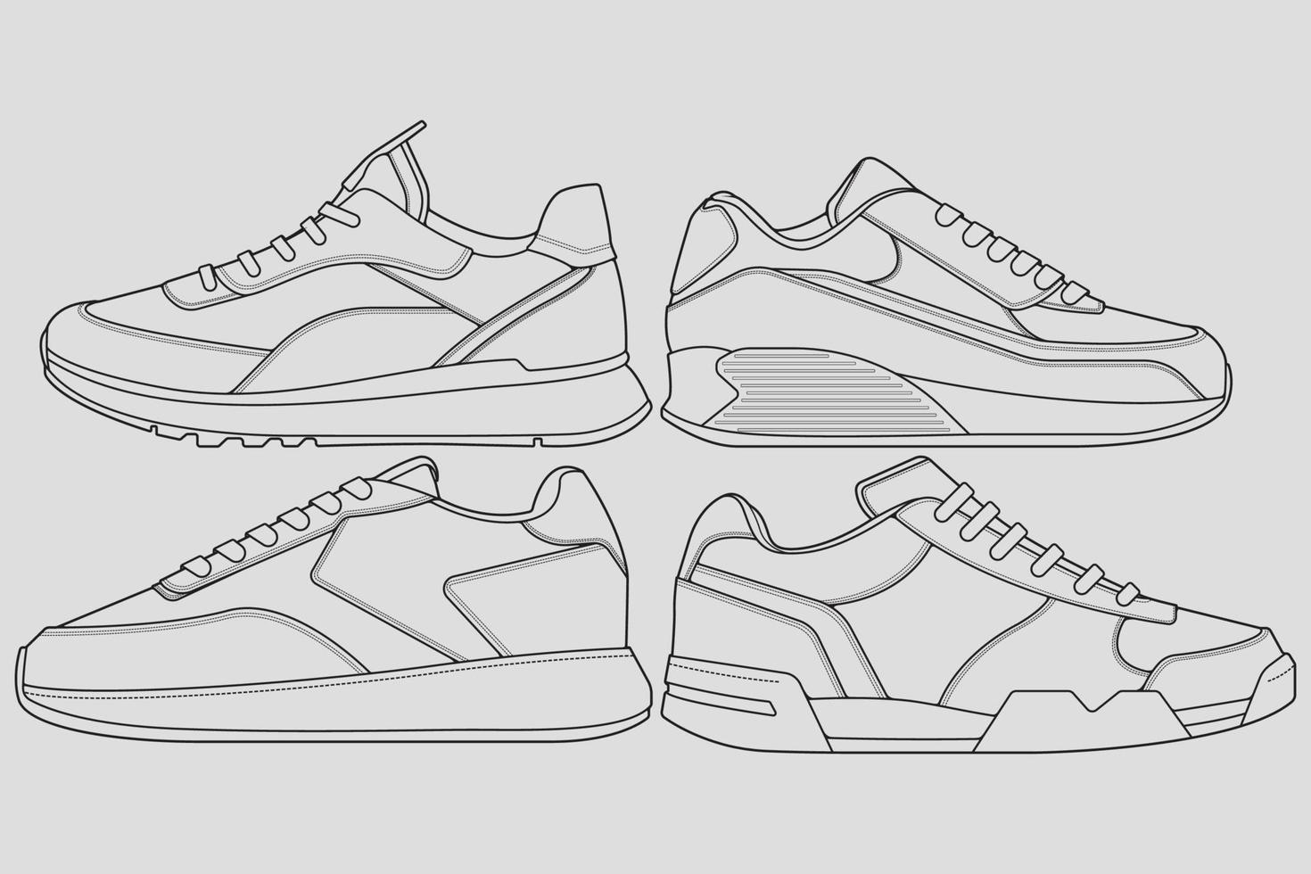 set med kontur coola sneakers. skor sneaker kontur ritning vektor, sneakers ritade i en skiss stil, sneaker utbildare mall kontur, uppsättning samling. vektor illustration.