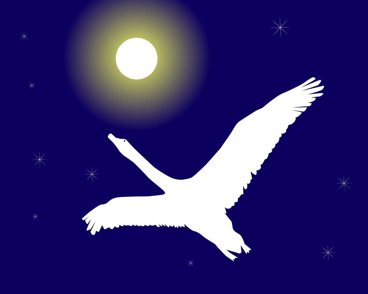 weißer schwan, der gegen den nachtstern und den mondhimmel fliegt vektor