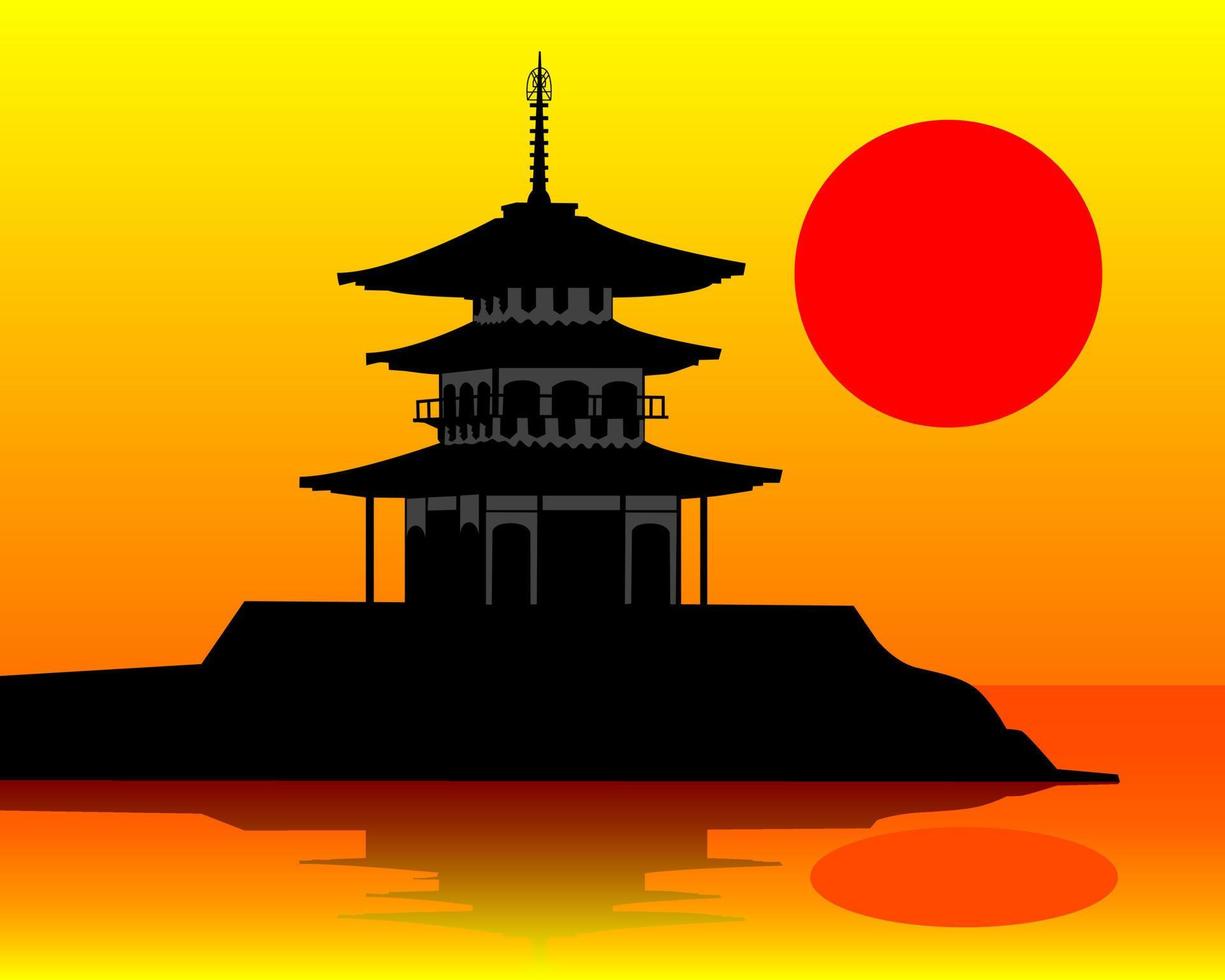 siluett av en pagod på en orange bakgrund vektor