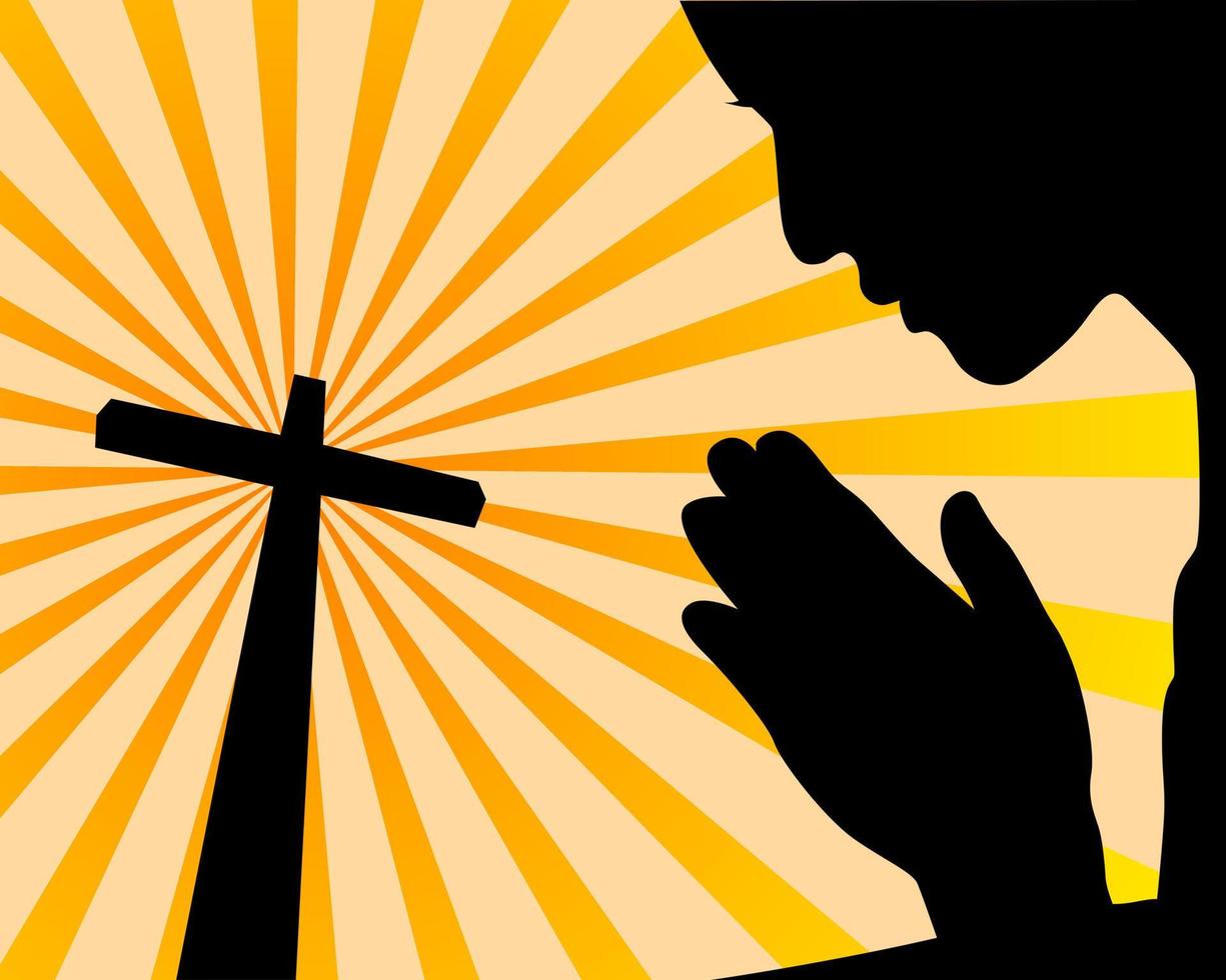 beten vor dem Kreuz auf orangefarbenem Hintergrund vektor