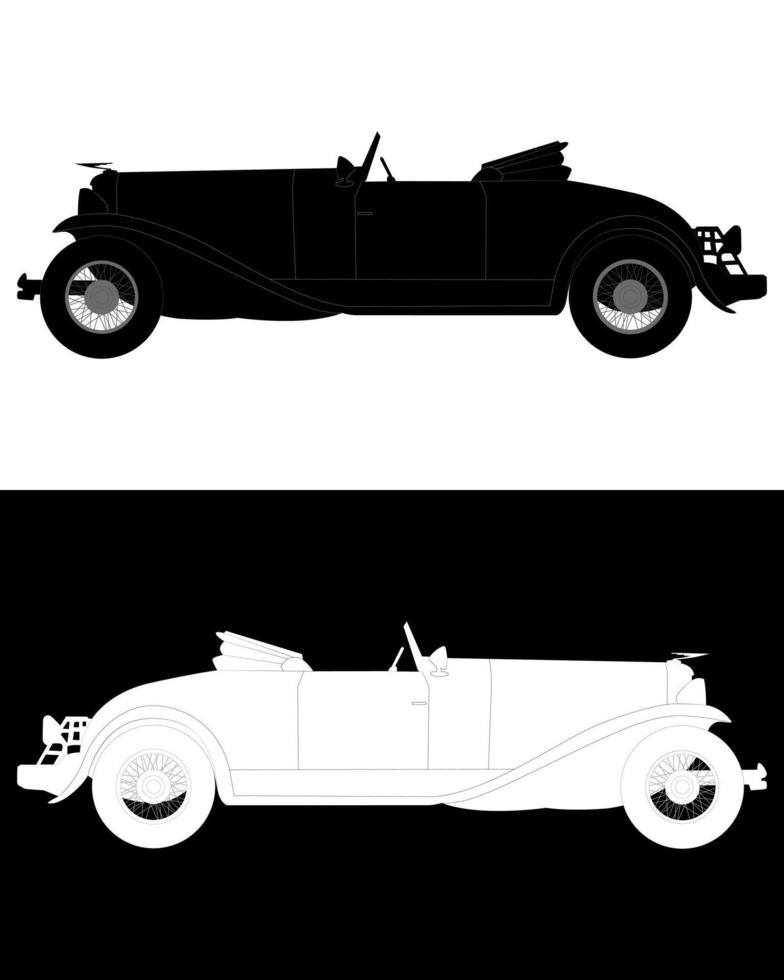 Schwarz-Weiß-Silhouetten eines alten Cabrios auf einem weißen und schwarzen Hintergrund vektor
