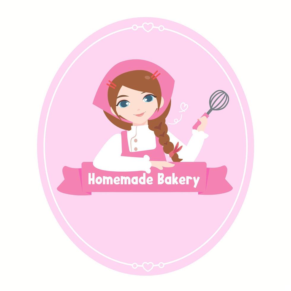 hübsches gril chef logo.hausgemachtes bäckereikonzept. flaches design vektorillusion für logo bäckerei design.süßer geflecht haar chef.trage rosa arpon und kochuniform.rosa abzeichen und rahmen. vektor