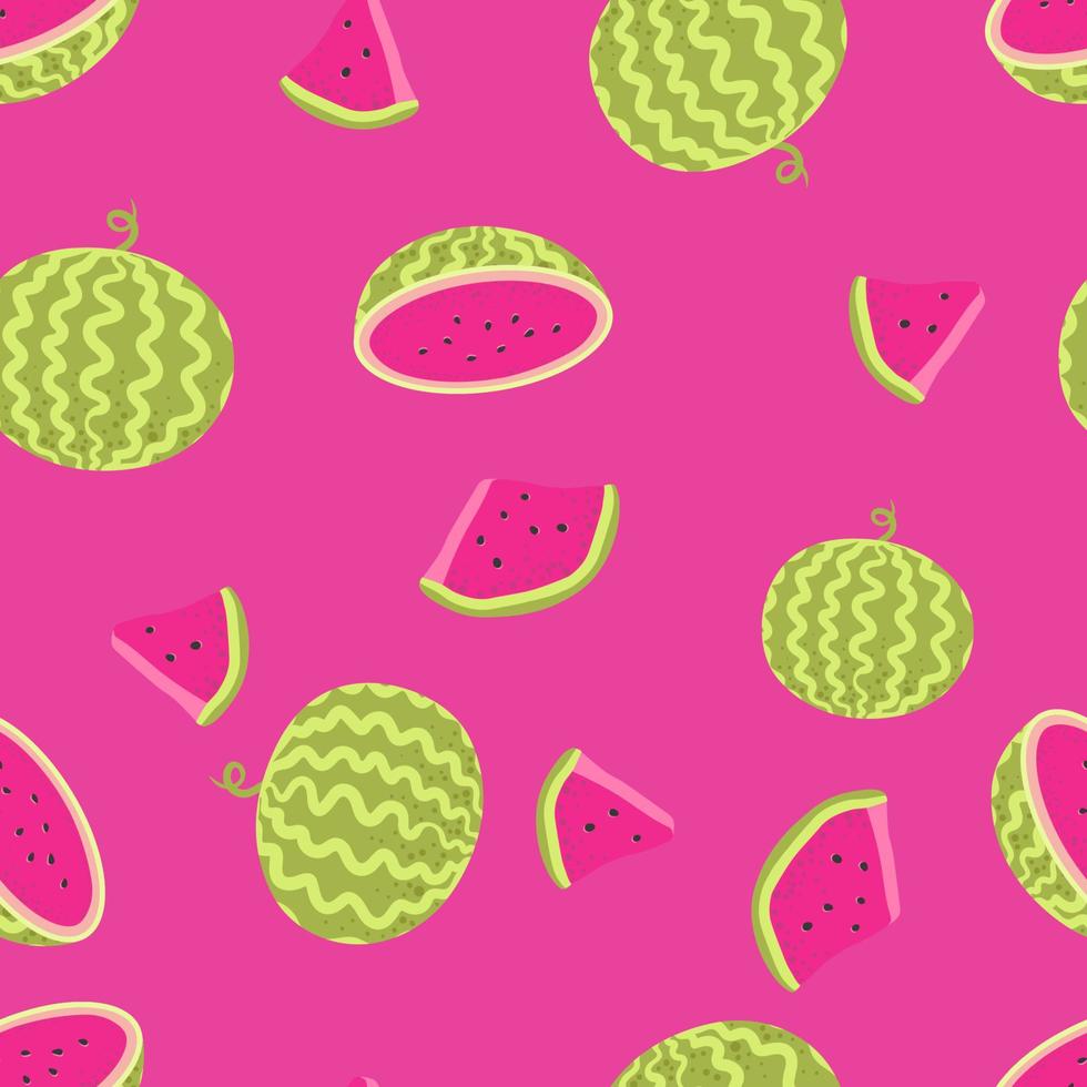 Wassermelone ganz und nahtloses Muster auf rosa Hintergrund mit Samen in Scheiben schneiden. frischer grüner wassermelonenmusterhintergrund. Obst-Vektor-Illustration. vektor