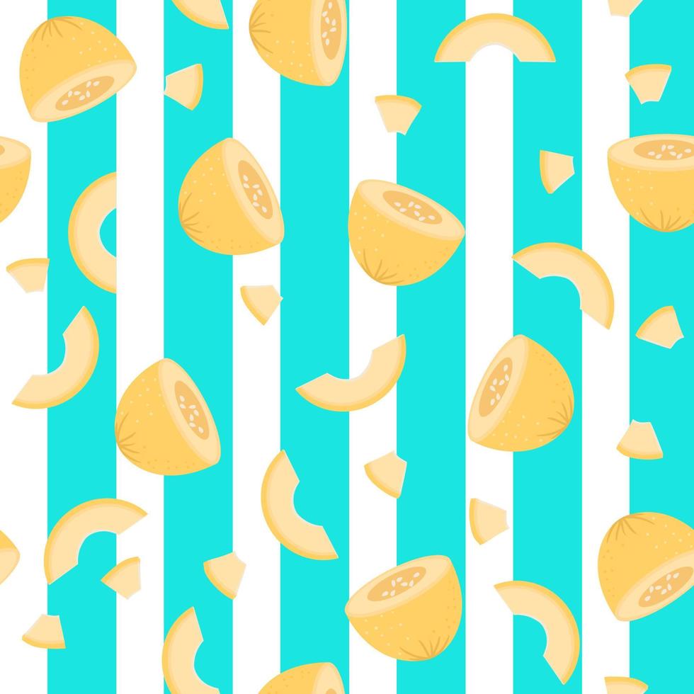 Nahtloses Muster mit blauen Streifen Honigmelonen. ganze, halbe, geschnittene Früchte. hand gezeichnete vektorillustration für verpackungspapier, dekorative stoffe, druck, tapeten, geschäft, menü, markt, restaurant. vektor