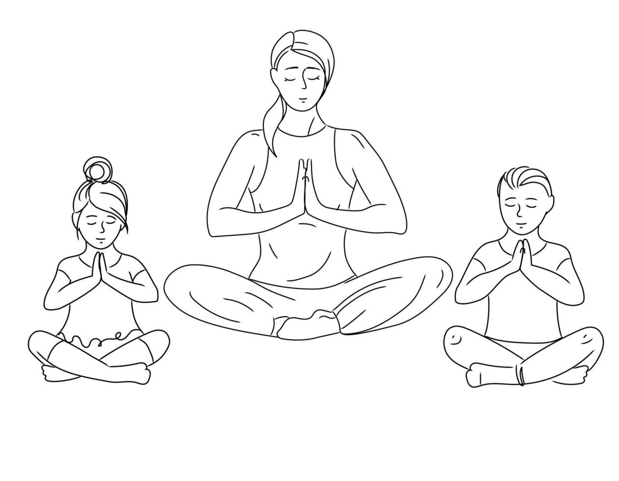 mutter mit kindern tochter und sohn sitzen im lotussitz und meditieren vektorumrissillustration. kinderyoga, achtsamkeit, entspannung. familienmeditation. psychische gesundheit vektor