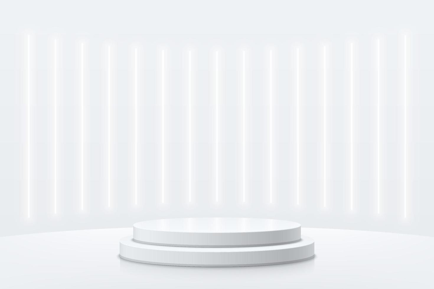 realistisches weißes, silbernes zylindersockelpodium mit vertikaler neonlampenszene. Vektor abstrakter futuristischer Raum mit geometrischen 3D-Formen. minimale szene für mockup-produktpräsentation, werbeanzeige.