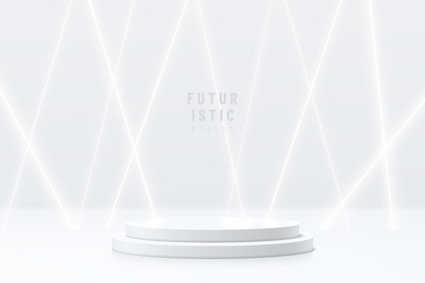 realistisk silvercylindrig piedestalpodium med överlappande glödande neonlampscen. vektor abstrakt futuristiska rum med 3d geometriska former. minimal scen för mockup produkter showcase, promotion display.