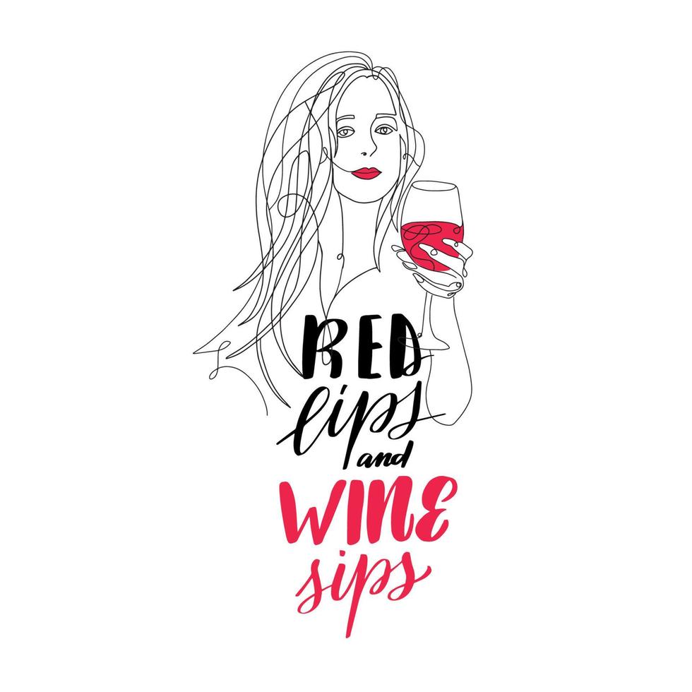 Mädchen mit Glas Wein Strichzeichnung. rote Lippen und Weinschlucke. schwarze durchgehende Linie. frau, die wein von einer glasillustration trinkt. Vektorvorratillustration vektor