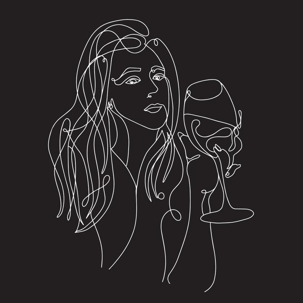 kontinuerlig linje, en linje, ritning av ansikte och frisyr, modekoncept, kvinna med ett glas vin skönhet minimalistisk, vektor stockillustration för t-shirt, slogan design tryck grafik stil