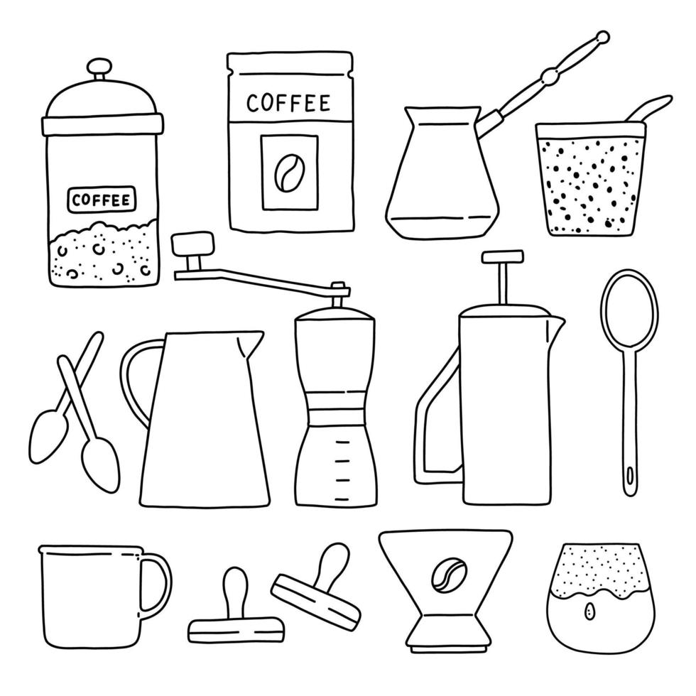 zubehör für kaffee lineart, schwarz-weiß-doodle-vektorillustration vektor