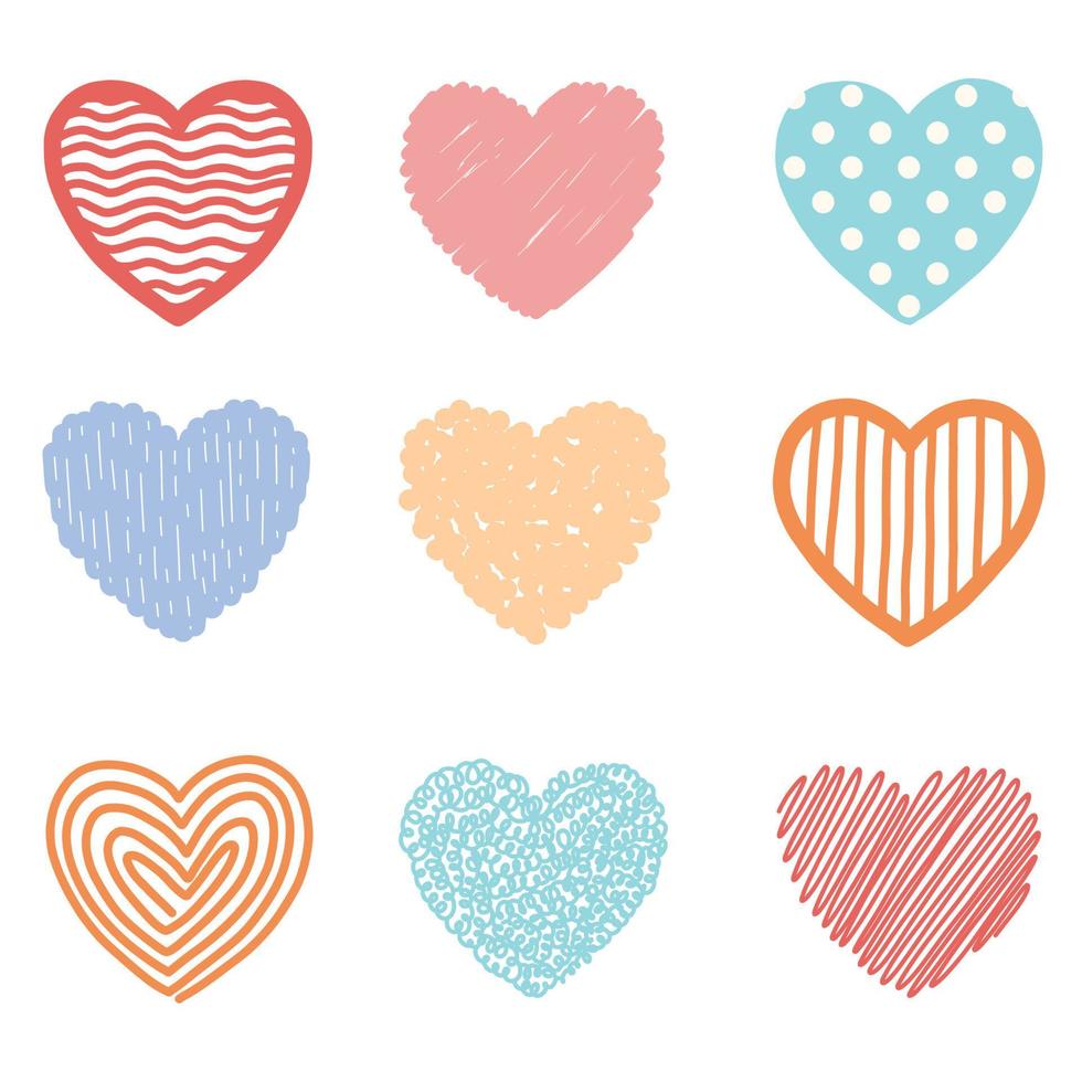 uppsättning olika doodle hjärtan, vektorillustration vektor