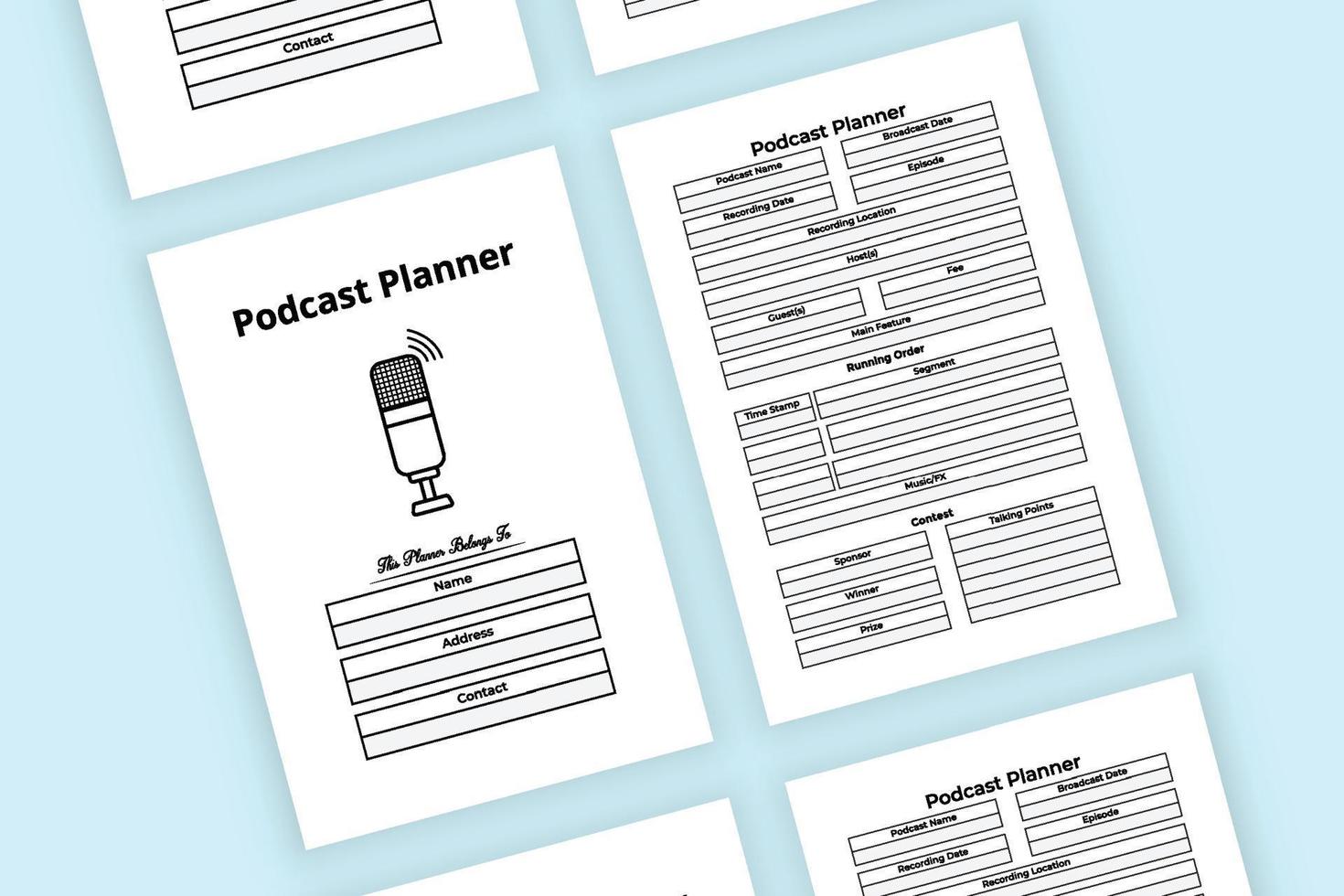 podcast vanlig information tracker interiör. podcastplanerare och mall för spårningsinformation för löpande ordning. insidan av en journal. radiostation regelbunden aktivitetskontroll och ämnesplanerare interiör. vektor