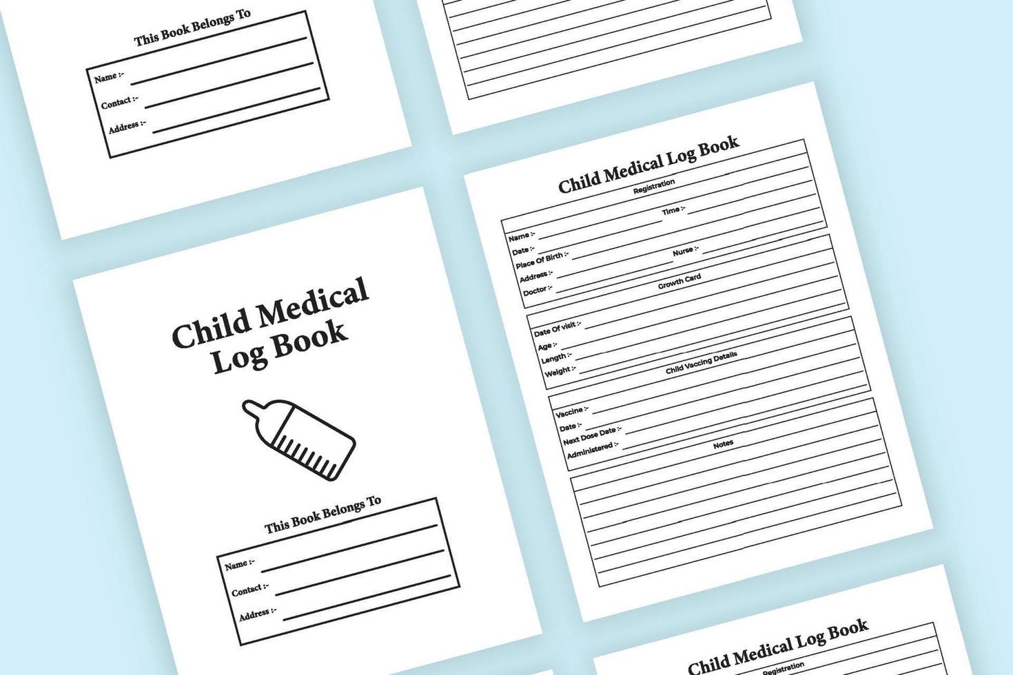 kind medizinisches logbuch interieur. Impf-Info-Checker für Kinder und Wachstums-Tracker-Vorlage. Inneres eines Notebooks. tägliche aktivitäten für kleinkinder und geburtsinformationsjournal interieur. vektor