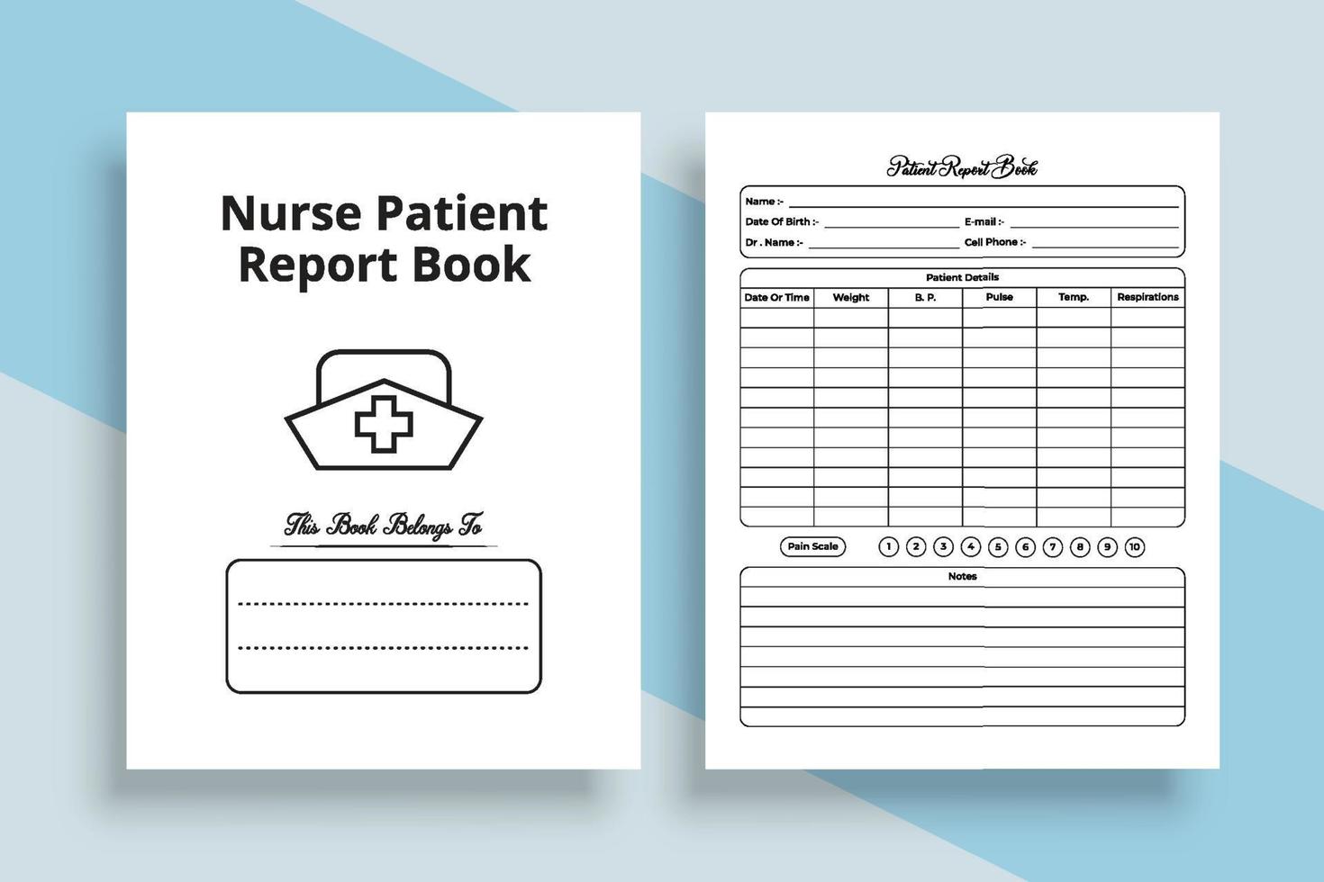 krankenschwester notizbuch interieur für medizinische berichte. medizinischer patientenbericht und innenansicht des gesundheitszustandsprüfers. Innenraum eines Logbuchs. Krankenschwesterbericht-Tracker und Vorlage für das Patientenmedikationsjournal. vektor