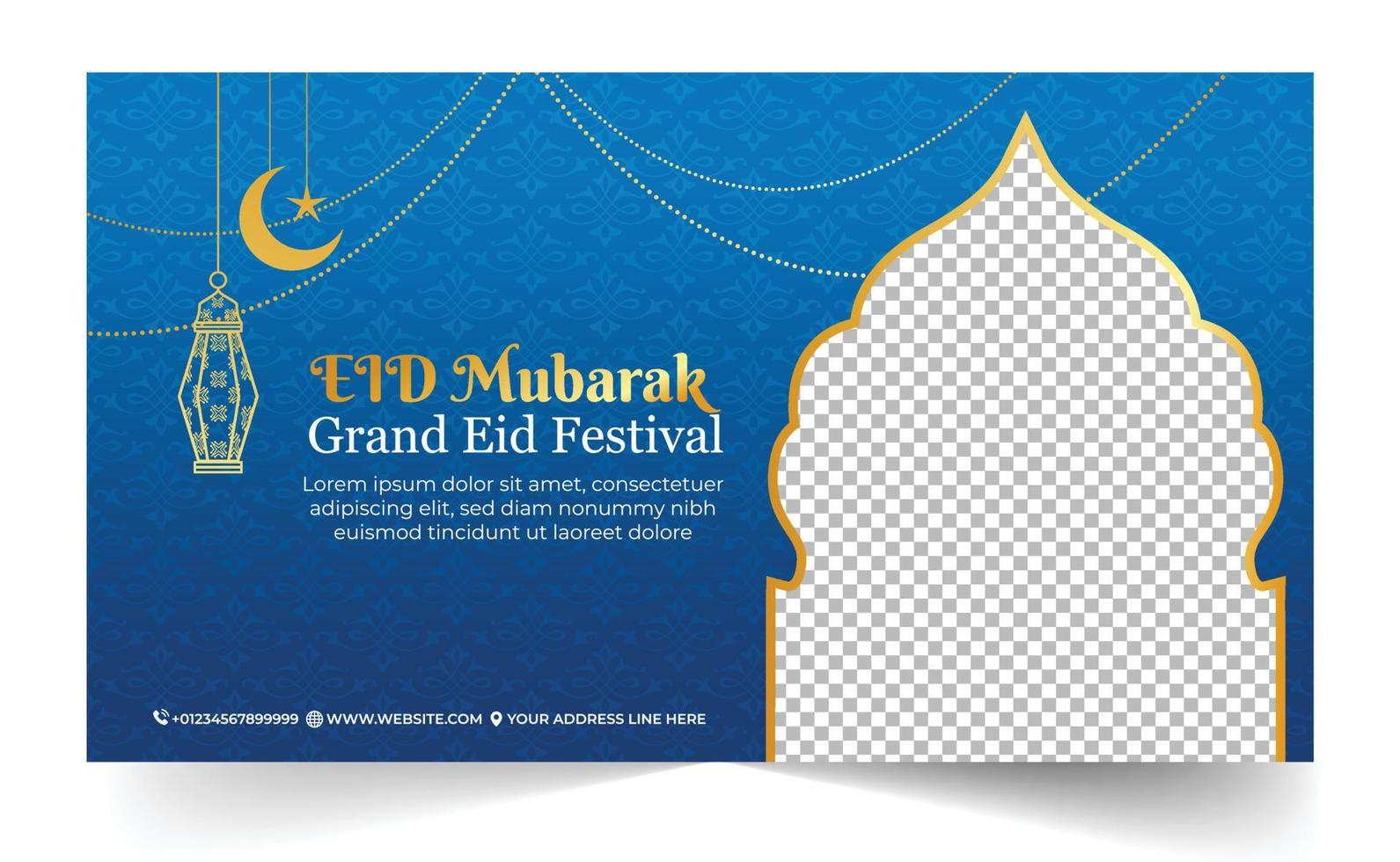 eid mubarak grand festival banner design, eid al-fitr islamisk banner mallsamling, ramadan flayer, banner med gul och blå färg vektor