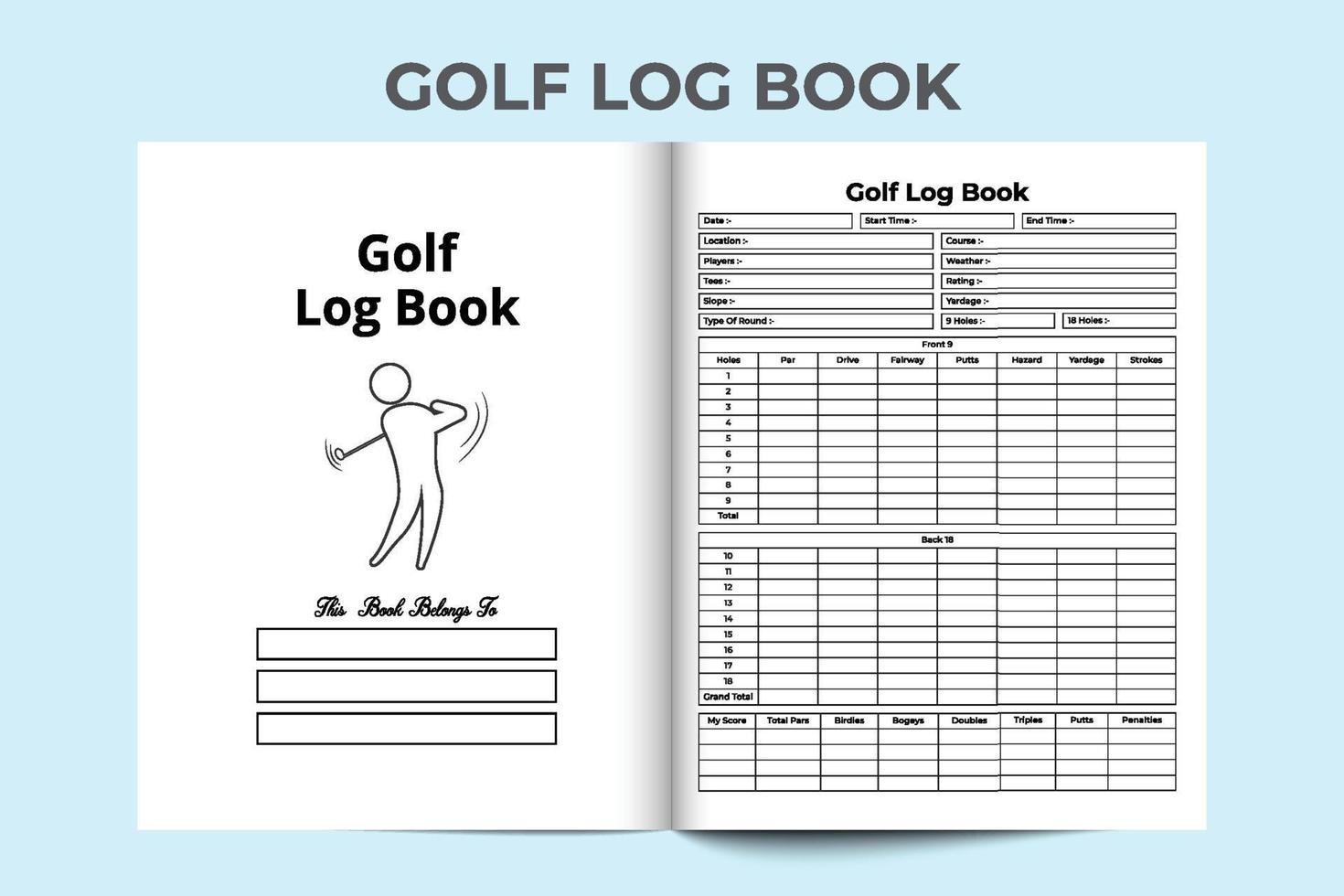 Innenausstattung des Golfjournals. Golfspiel-Score-Informationsrecorder und Wetterprüfer-Vorlage. Innenraum eines Logbuchs. Golfwagen-Standort-Info-Checker und Gesamtpunktzahl-Rechner Logbuch-Innenraum. vektor