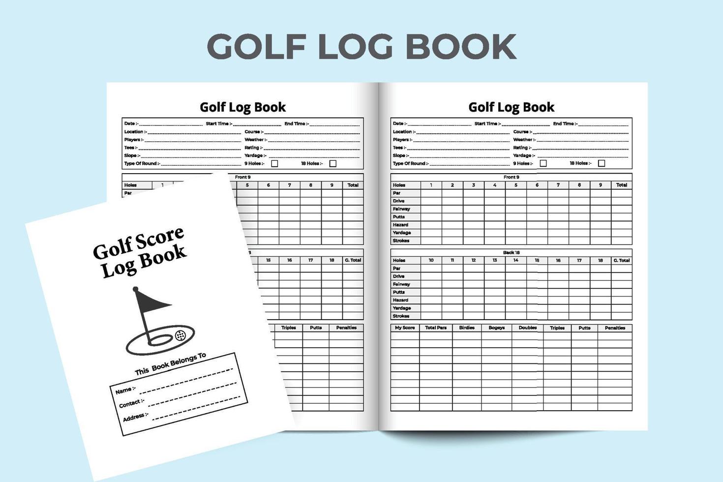 Innenraum des Golf-Score-Notizbuchs. Tägliche Golfinformationen und Logbuchvorlage für Spielergebnisse. Inneres einer Zeitschrift. Golf Location Info Recorder und Weather Condition Checker Interieur. vektor