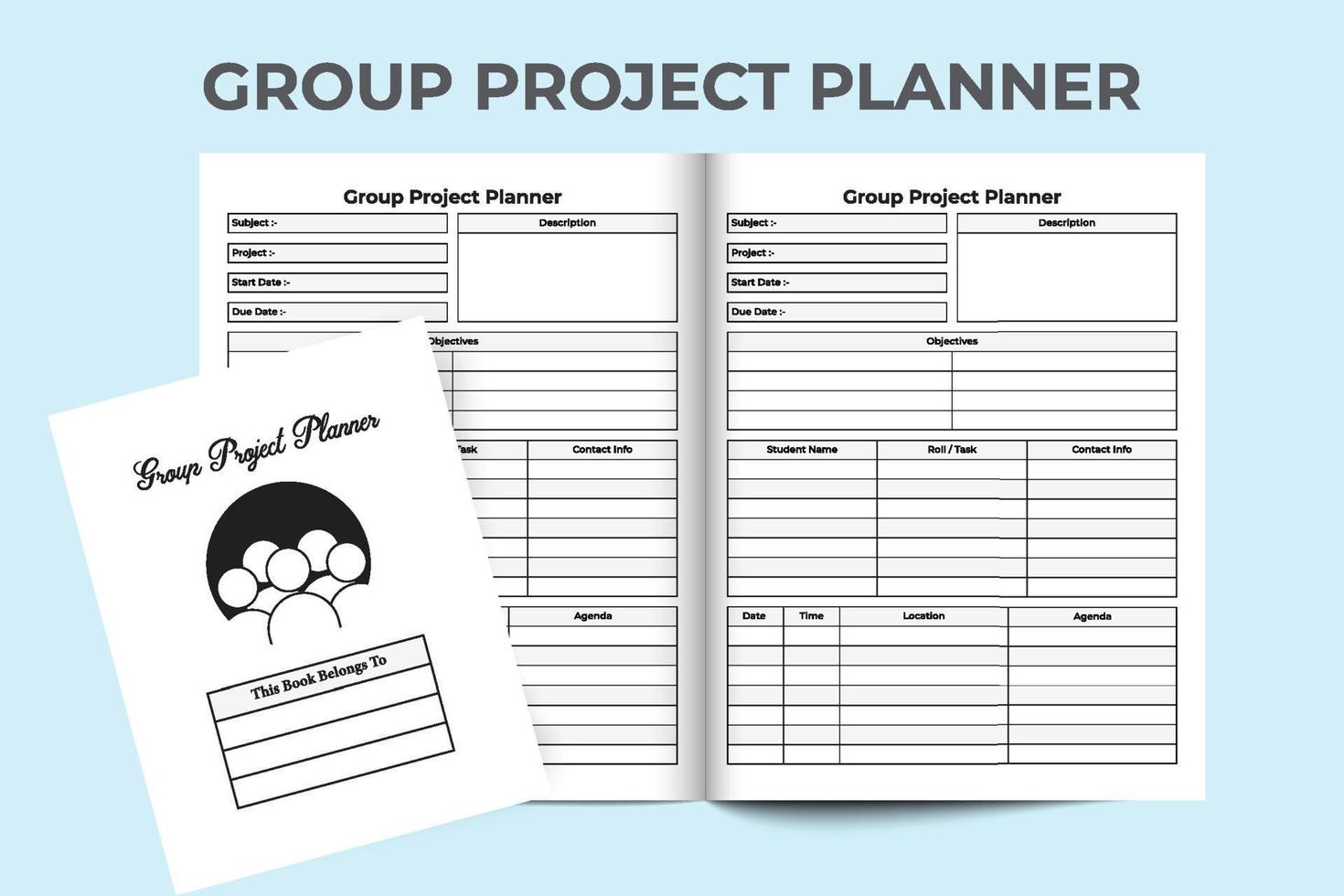 gruppenprojektjournal innenraum. schulstudienprojekt-tracker und vorlage für das informationsnotizbuch des schülers. Innenraum eines Logbuchs. Informationen zu Gruppenprojektmitgliedern und Task-Tracker-Interieur. vektor