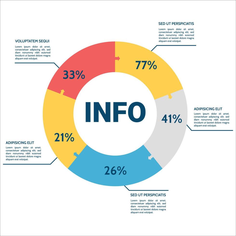 Infografik-Elementdesign, Tortendiagramm mit Vorlage mit fünf Optionen, kreisverknüpfte Folienvektorvorlage mit fünf Sektoren, buntes Tortendiagramm und Symbole auf weißem Hintergrund. vektor