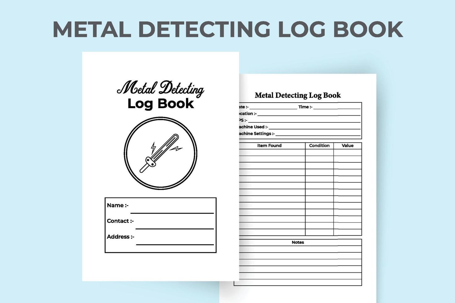 metalldetekterande journal interiör. daglig gräverfarenhet och mall för loggbok för objektbeskrivning. insidan av en anteckningsbok. metalldetekterande information och inredning för uppgiftsspårare. vektor