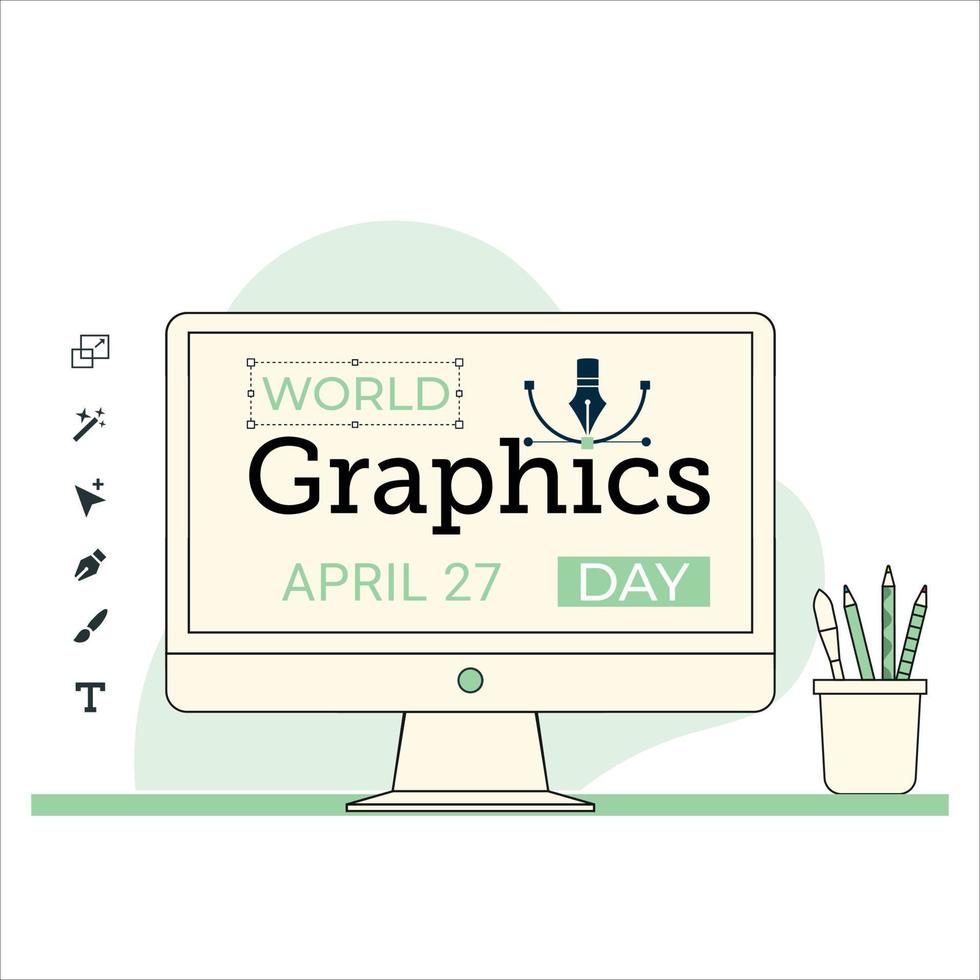 kreativ design för World graphics day text med grön nyans för ett kort eller affisch, vacker datorvektor, standardillustration för en speciell dag den 27 april med grön färgtexteffekt. vektor