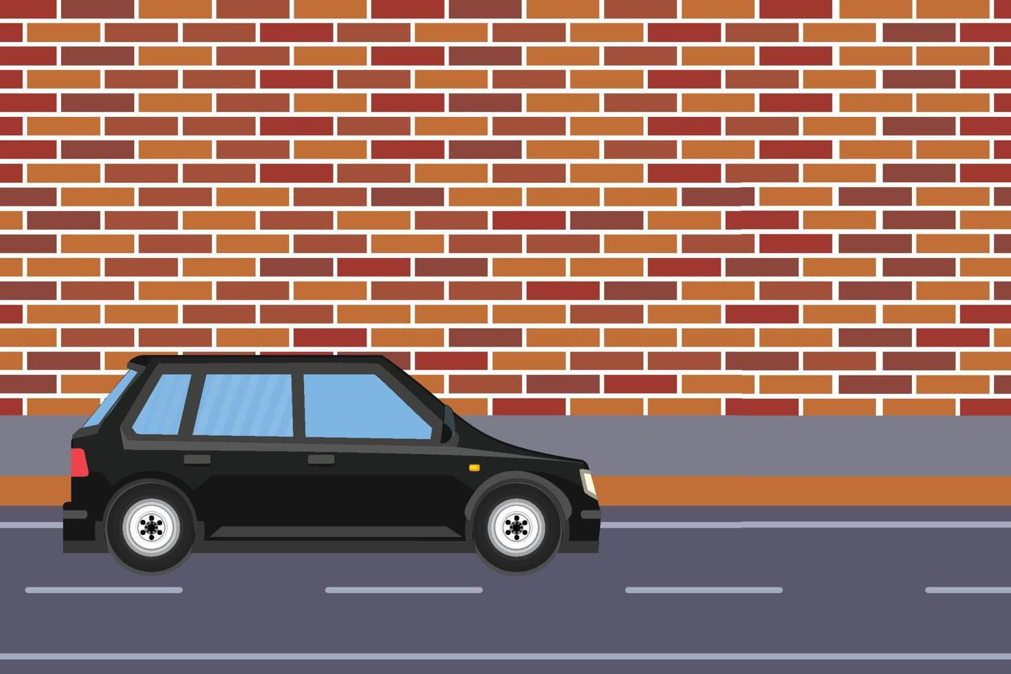 Schwarzes Auto, das neben einer Backsteinmauer und einem städtischen Straßenvektor läuft. stadtbildbereich mit einem schwarzen autolaufkonzept. einfache Stadtstraßen und ein Fahrzeug. leerer fußweg mit backsteinmauervektor. vektor