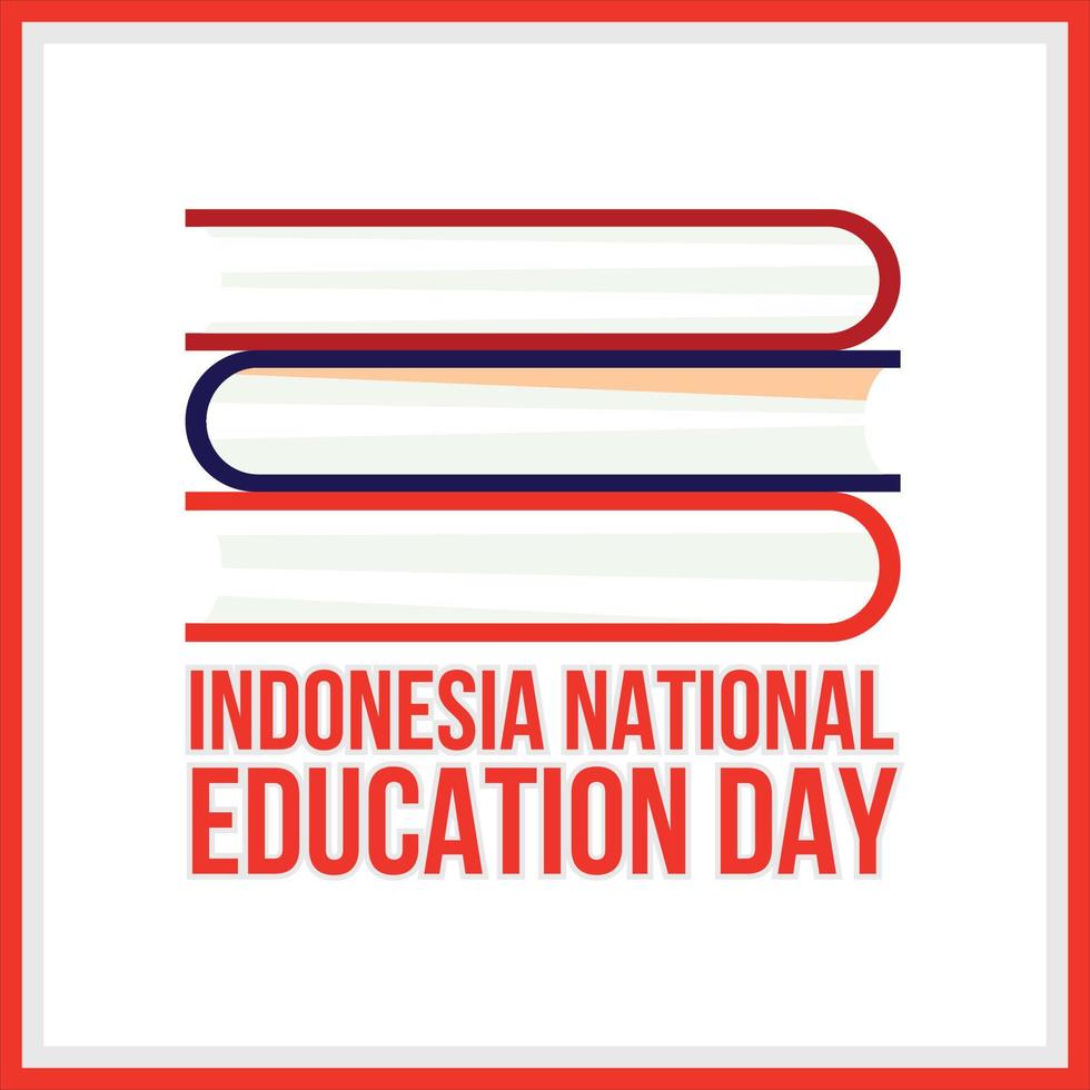 indonesischer nationaler bildungstag mit rotem farbtexteffekt und rotem rahmen, mehrfarbige bücher auf weißem hintergrund, bildungstag-vektorillustration mit einfachem texteffekt und roter farbgrenze. vektor
