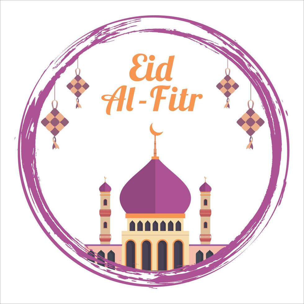 snygg eid al-fitr mubarak med gyllene texteffekt inuti rund borste, helig festival för muslim, muslimsk moské, flerfärgad nyans, lila, vektorillustration av moskén, eid mubarak wish, penseldrag. vektor