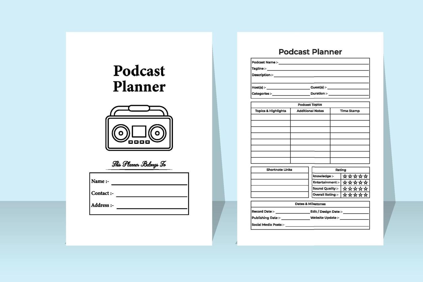 podcast info tracker interiör. podcast vanlig ämnesplanerare och sponsorlista checker mall. insidan av en anteckningsbok. radiostation vanlig aktivitetsspårare och anteckningsbok för gästinformation. vektor