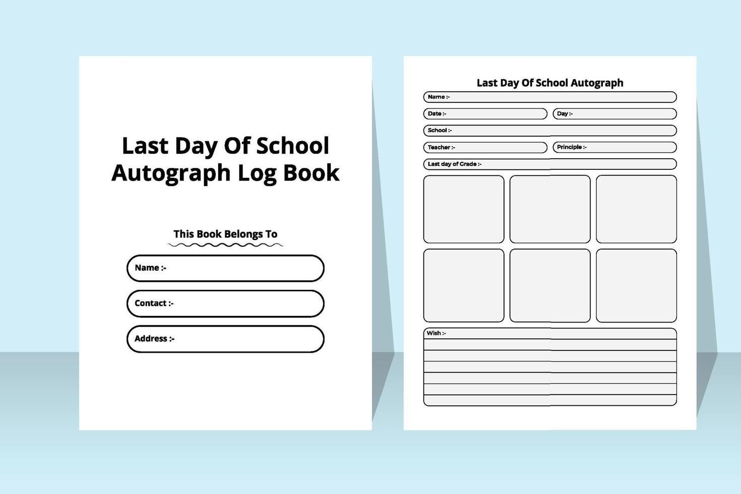 letzter Schultag, Innenraum des Autogrammtrackers. Notizbuchvorlage für die Autogrammsammlung von Schülern oder Lehrern. Inneres einer Zeitschrift. schule letzten tag feier info tracker interieur. vektor