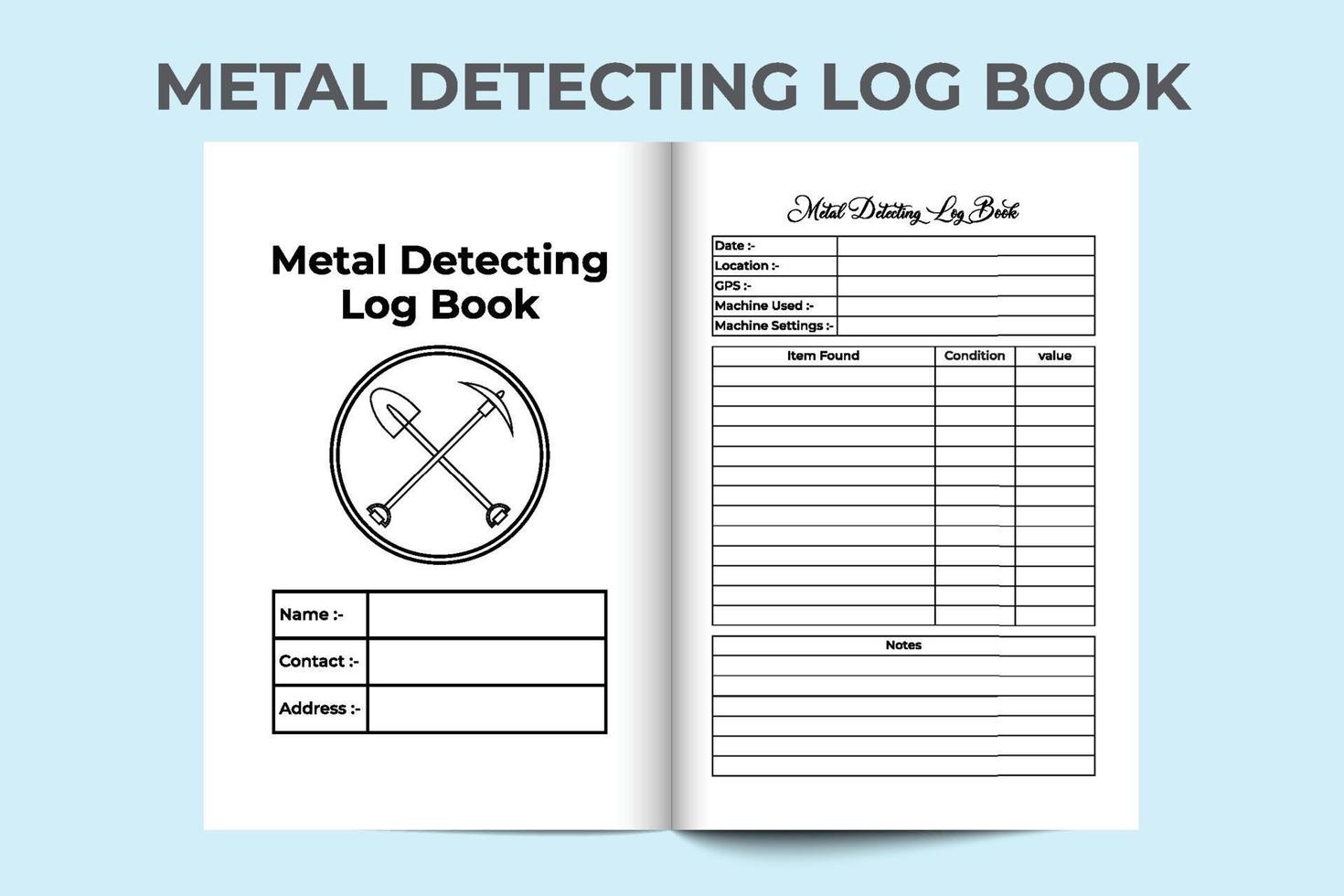 metalldetekterande notebook-interiör. grävande arbetsplats och spårningsmall för objektinformation. insidan av en loggbok. metalldetektorinformation och inredning för kontroll av arbetsaktivitet. vektor