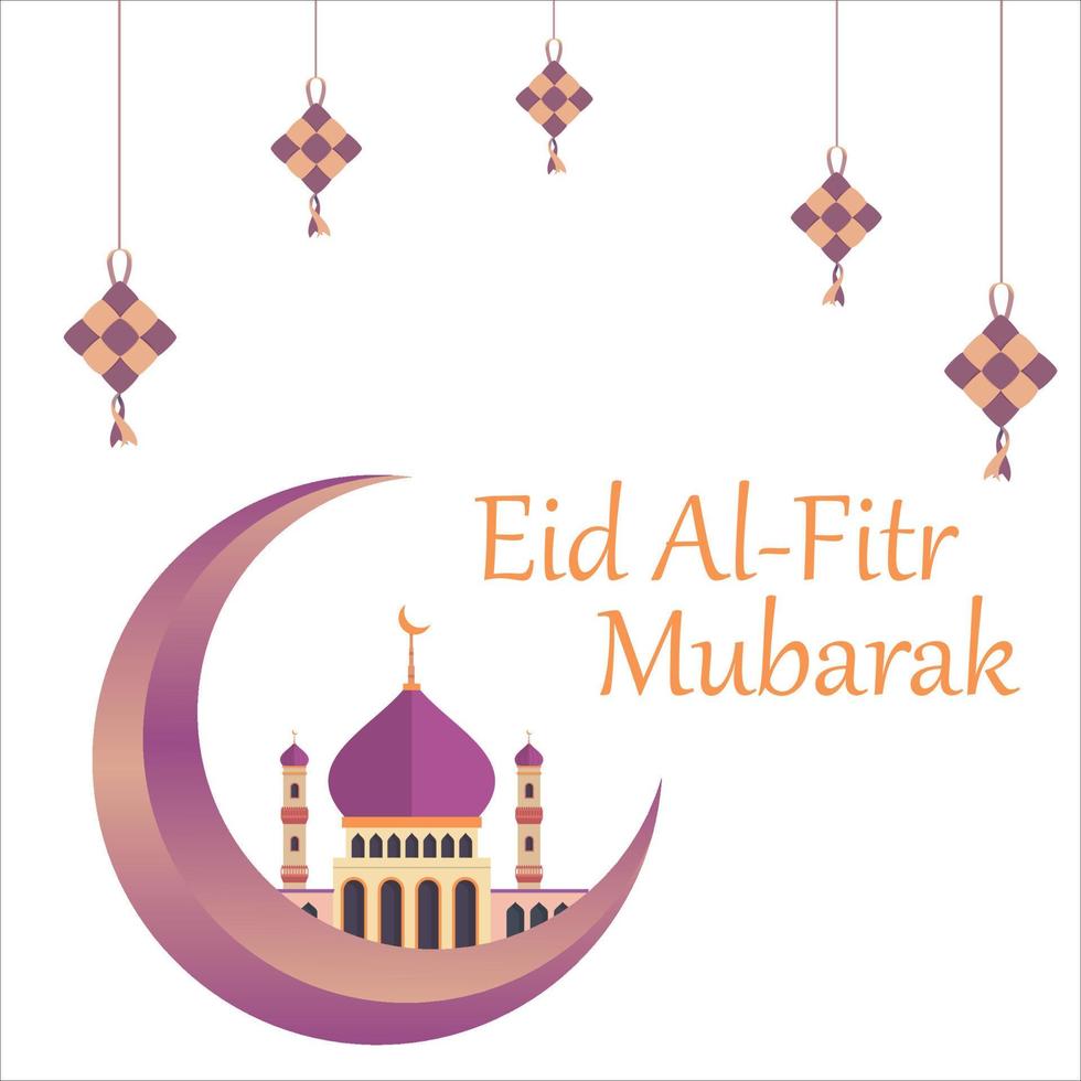 eid al-fitr mubarak mit goldenem texteffekt, heiliges fest der muslime, muslimische moschee, mehrfarbiger schatten, lila, vektorillustration der moschee, eid mubarak-wunsch, lila mond, drachen. vektor