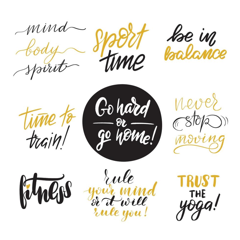 Fitness-Sport-Zitate gesetzt. inspirierende handgeschriebene Pinselschrift. vektorkalligraphievorratillustration lokalisiert auf weiß. typografie für banner, abzeichen, postkarten, t-shirts, drucke. vektor